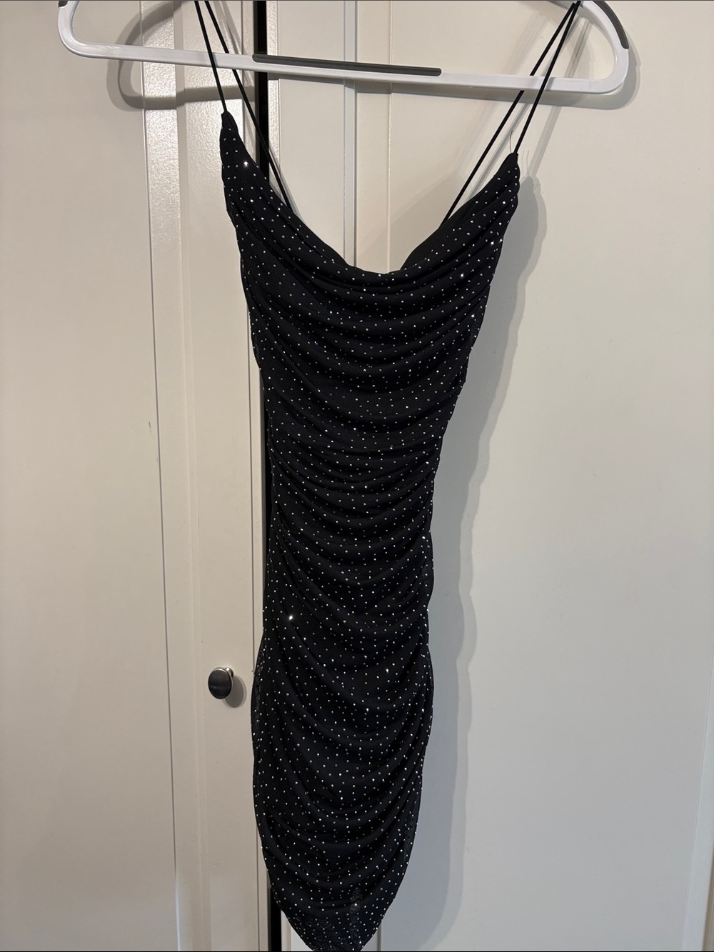 Black Sparkle Cowl-Neck Ruched Mini Dress